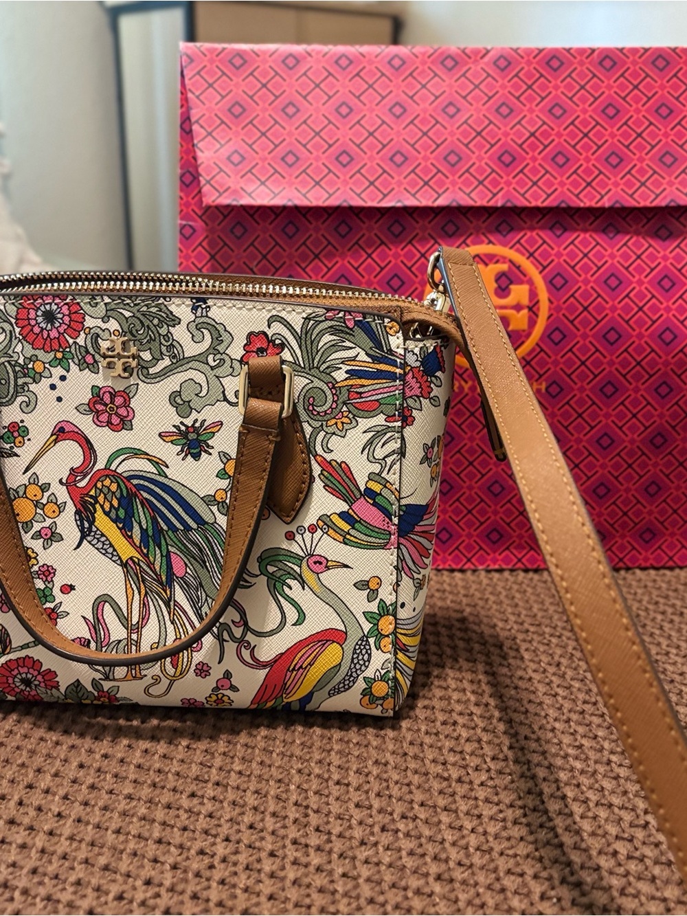 Tory Burch Multicolor Floral & Bird Print Crossbody with Tan Trim
